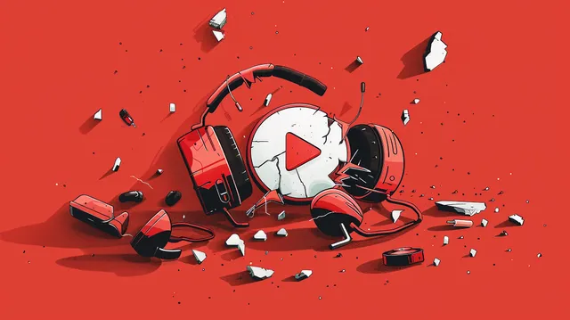 The YouTube logo surrounded by the remains of headphones. 