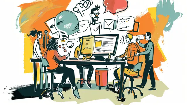 A cartoon of journalists brainstorming new email newsletters