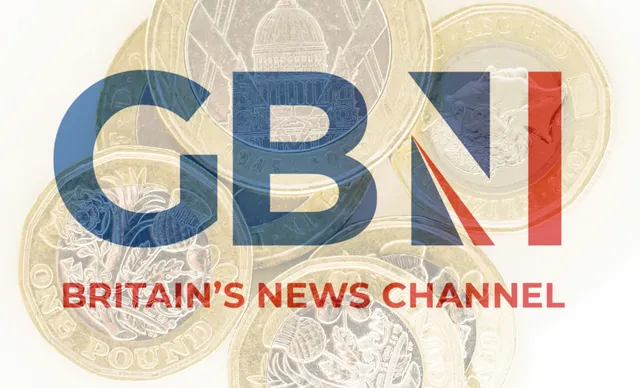 The GB News logo with currency behind it