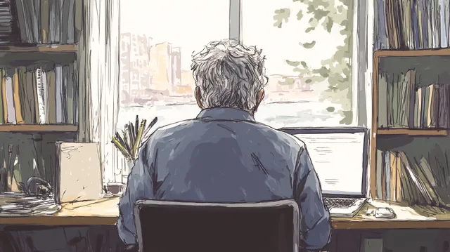 A middle-aged man blogging from a desk overlooking a river.