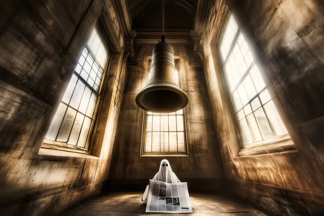 A ghost reads a local newspaper, under a bell, inside a victorian mill.