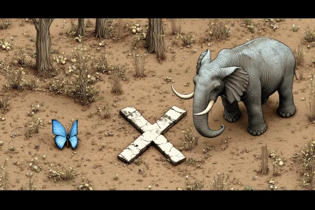 A mastodon and a butterfly contemplated the remains of X