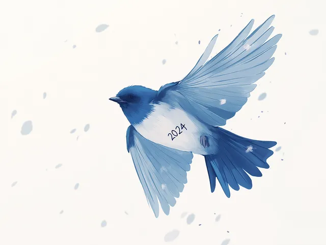 A sickly, Twitter-like bird with 2024 on its chest. 