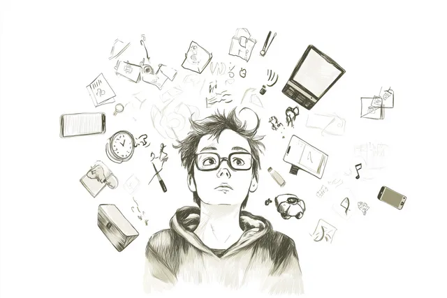 A young person wearing a hoodie. Surrounding their head are floating icons of technology, books, clocks, and devices.