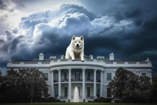 A Shiba Inu dog (the DOGE dog) rests upon the White House as storm clouds gather