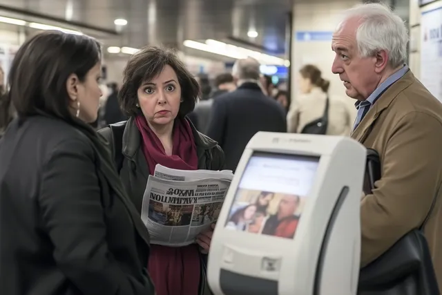 Three people in a busy subway station: a woman looks surprised while holding a newspaper, another listens closely, and an older man stands near a ticket machine.