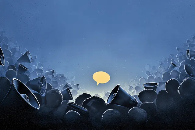 A lone yellow speech bubble glows amid a dark crowd of shouting megaphones, symbolizing clarity or dialogue rising above overwhelming noise.