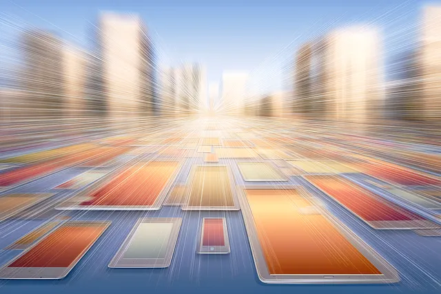 Abstract mobile phones accelerating into an exponential future