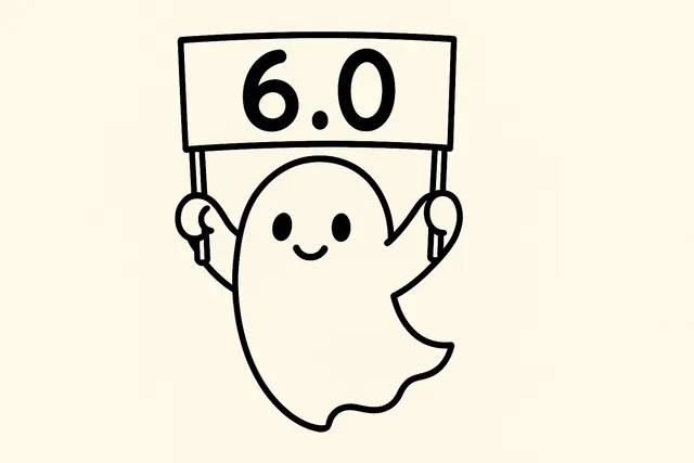 A very cute wee ghost carrying a banner reading 6.0