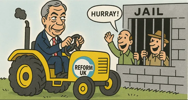 ChatGPT's attempt at a political cartoon about Nigel Farage rescuing farmers
