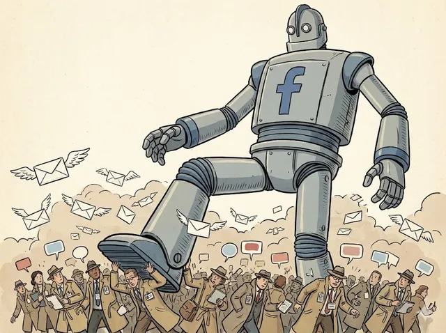 A giant Facebook-branded robot strides through a panicked crowd of journalists as flying envelopes and chat bubbles swirl in the air, symbolising overwhelming platform power.