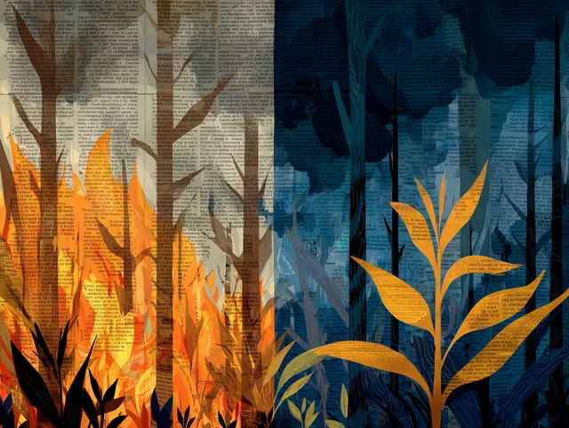 Two-part illustration: newspaper trees burn in wildfire while digital plants rise from ashes, symbolising media rebirth.